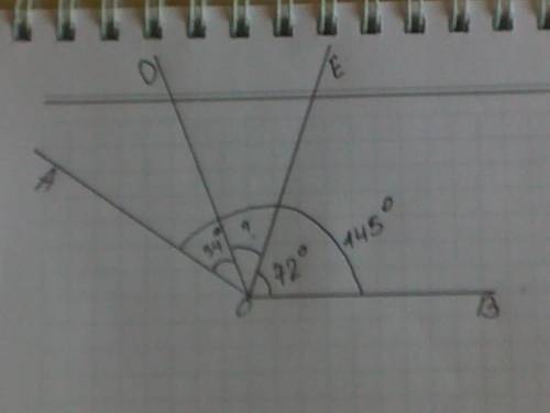 Лучи od и ое проходят между сторонами угла аов. аов = 145о, aod = 34°, вое = 72°. найти угол doe.