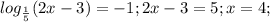 log_{ \frac{1}{5}}(2x-3)=-1;2x-3=5;x=4;