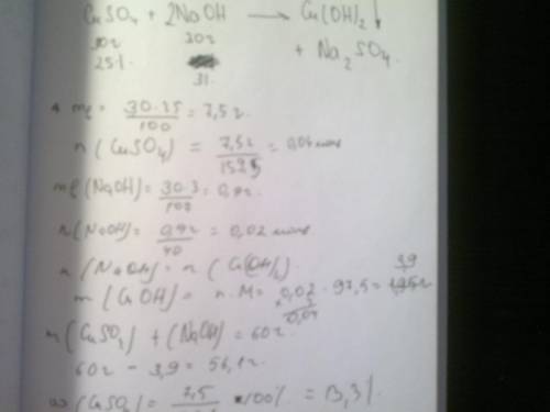 К30 г раствора сульфата меди (2) с w(cuso4)=25% добавили 30 г раствора едкого натра с w(naoh)=3% .вы