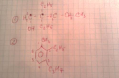 Напишите структурные формулы: 1) 2,2-диэтилпентанол-1 2) 1-метил-2-этил-3-пропилбензол