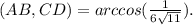 (AB,CD)=arccos(\frac{1}{ 6\sqrt{11}}).