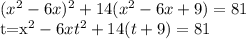 (x^{2}-6x)^{2}+14(x^{2}-6x+9)=81&#10;&#10; t=x^{2}-6x&#10; t^{2}+14(t+9)=81