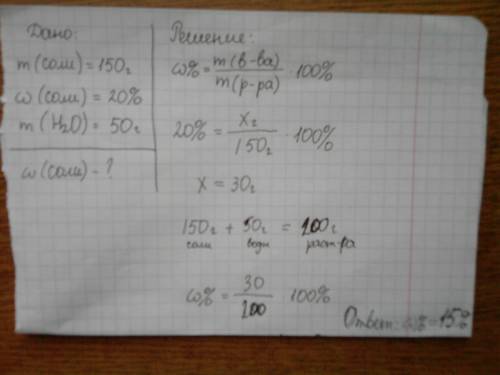 Определите, как изменится массовая доля соли в 20% растворе массой 150 г , если добавить 50 г воды.