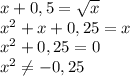 x+0,5= \sqrt{x} &#10;\\\&#10;x^2+x+0,25=x&#10;\\\&#10;x^2+0,25=0&#10;\\\&#10;x^2 \neq -0,25