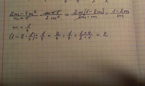 Выражение 2m-4m^2/m+1*m+1/2m^2 и найдите его значение при m=1/4 в ответ запишите полученное значение