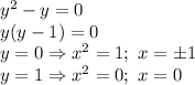 y^2-y=0&#10;\\\&#10;y(y-1)=0&#10;\\\&#10;y=0\Rightarrow x^2=1; \ x=\pm1&#10;\\\&#10;y=1\Rightarrow x^2=0; \ x=0