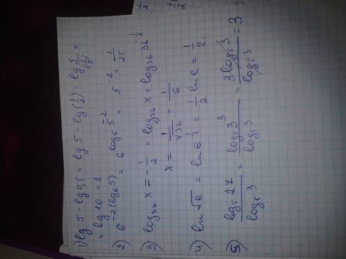 Решить логарифмы,с подробным описанием. lg(5)-lg(0.5)=? 6^(-2log(6)5)=? log(36)x=-1/2 ln корень из s