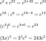 c^{3} *c^{22} =c^{3+22} =c^{25} \\ \\ c^{18} :c^{6} =c^{18-6}= c^{12} \\ \\ (c^{4} )^{6}=c^{4*6} =c^{24} \\ \\ (3x )^{5}=3^{5}c^{5} =243c^{5}