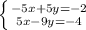 \left \{ {{-5x+5y=-2} \atop {5x-9y=-4}} \right.