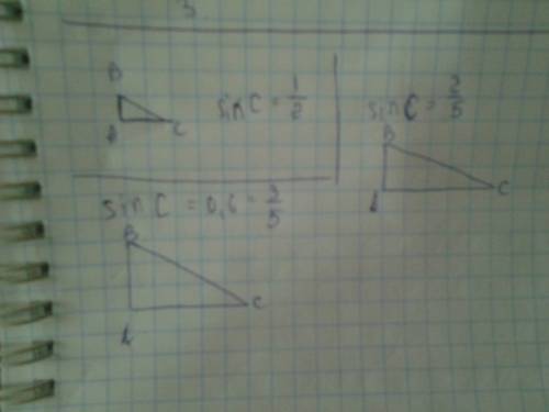 Постройте прямоугольный треугольник ,синус острого угла которого равен 1)1/2 2)2: 5 3)0,6