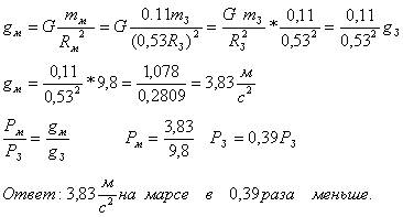 Радиус планеты марс составляет 0, 53 радиуса планеты земли, а масса-0, 11 массы земли.найти ускорени