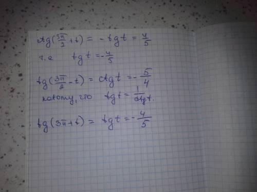 Решить известно, что ctg (3pi/2+t)=4/5 pi/2< t