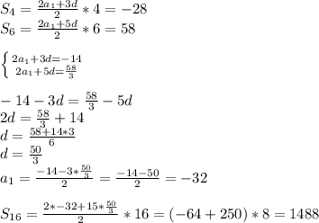 S_{4}=\frac{2a_{1}+3d}{2}*4=-28\\&#10;S_{6}=\frac{2a_{1}+5d}{2}*6=58\\&#10;\\&#10; \left \{ {{2a_{1}+3d = -14} \atop { 2a_{1}+5d = \frac{58}{3}}} \right. \\&#10;\\&#10;-14-3d=\frac{58}{3}-5d\\&#10;2d=\frac{58}{3}+14\\&#10;d=\frac{58+14*3}{6}\\&#10;d=\frac{50}{3}\\&#10;a_{1}=\frac{-14-3*\frac{50}{3}}{2}=\frac{-14-50}{2}=-32\\&#10;\\&#10;S_{16}=\frac{2*-32+15*\frac{50}{3}}{2}*16= (-64+250)*8=1488