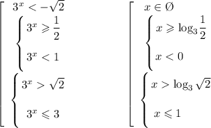 \left[\begin{array}{ccc}3^{x} < -\sqrt{2}\\\left \{ {\bigg{3^{x} \geqslant \dfrac{1}{2} } \atop \bigg{3^{x} < 1}} \right. \\\left \{ {\bigg{3^{x} \sqrt{2}} \atop \bigg{3^{x} \leqslant 3}} \right.\end{array}\right \ \ \ \ \ \ \ \ \ \ \ \ \ \left[\begin{array}{ccc}x \in \O \ \ \ \ \ \ \ \ \ \\\left \{ {\bigg{x \geqslant \log_{3}\dfrac{1}{2} } \atop \bigg{x < 0 \ \ \ \ \ \ }} \right. \\\left \{ {\bigg{x \log_{3}\sqrt{2}} \atop \bigg{x \leqslant 1 \ \ \ \ \ \ \ }} \right.\end{array}\right