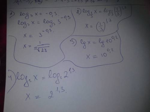 Сравнить с единицей число x, если: 1) log₃x=-0.3 2) log₁/₃x=1.7 3) lgx=0.2 4) log₂x=1.3