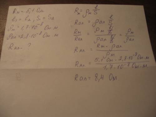 Сопротивление медного провода равно 5,1 ом. каково сопротивление алюминиевого провода таких же разме