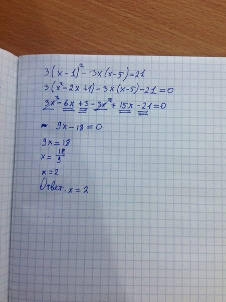 Решите уравнение 3(x-1)^2-3x(x-5)=21