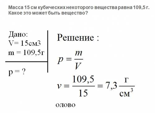 Масса 15 см кубических некоторого вещества равна 109,5 г. какое это может быть вещество? надо