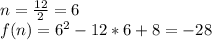 n=\frac{12}{2}=6\\&#10;f(n)=6^2-12*6+8=-28