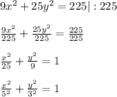 9x^2+25y^2=225|:225\\ \\ \frac{9x^2}{225}+ \frac{25y^2}{225}= \frac{225}{225}\\ \\ \frac{x^2}{25}+ \frac{y^2}{9} =1\\ \\ \frac{x^2}{5^2}+ \frac{y^2}{3^2} =1