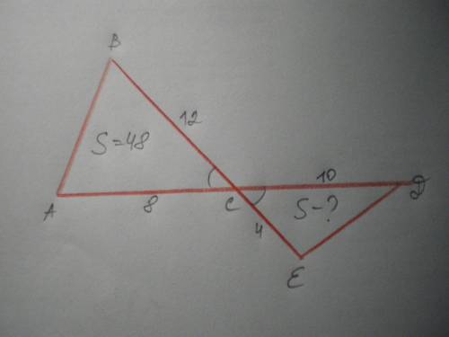 Нужна . на рисунке ac=8см, bc=12см, cd=10см,ce=4см, sabc =48см квадратных. найдите scde