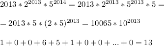 2013*2^{2013}*5^{2014}=2013*2^{2013}*5^{2013}*5=\\\\=2013*5*(2*5)^{2013}=10065*10^{2013}\\\\1+0+0+6+5+1+0+0+...+0=13