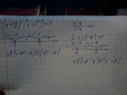 А) (x+9)(x-5)больше0 б) x-3/x+6 больше 0 используя метод интервала