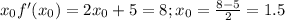 x_{0} f'(x_{0})=2x_{0}+5=8; x_{0}=\frac{8-5}{2}=1.5