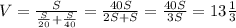 V=\frac{S}{\frac{S}{20}+\frac{S}{40}}=\frac{40S}{2S+S}=\frac{40S}{3S}=13\frac{1}{3}