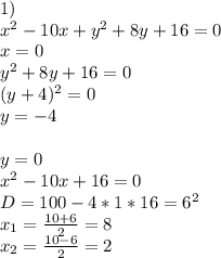 1)\\&#10;x^2-10x+y^2+8y+16=0\\&#10;x=0\\&#10;y^2+8y+16=0\\&#10;(y+4)^2=0\\&#10;y=-4\\&#10;\\&#10;y=0\\&#10;x^2-10x+16=0\\ &#10; D=100-4*1*16=6^2\\&#10; x_{1}=\frac{10+6}{2}=8\\&#10; x_{2}=\frac{10-6}{2}=2\\&#10;