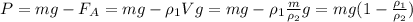 P=mg-F_A=mg-\rho_1 Vg=mg-\rho_1\frac{m}{\rho_2}g=mg(1-\frac{\rho_1}{\rho_2})