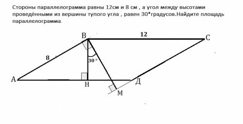 Стороны параллелограмма равны 12см и 8 см , а угол между высотами проведёнными из вершины тупого угл