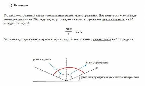 Iлуч света падает на плоское зеркало. угол между лучом и отраженным увеличили на 20 градусов. угол м