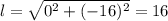 l= \sqrt{0^2+(-16)^2} =16