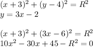 (x+3)^2+(y-4)^2=R^2\\&#10; y=3x-2\\&#10;\\&#10;(x+3)^2+(3x-6)^2=R^2\\&#10;10x^2-30x+45-R^2=0\\&#10;