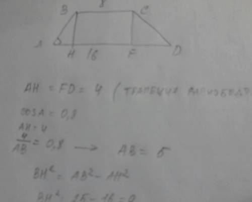Основания равнобедренной трапеции равны 8 и 16. косинус острого угла трапеции равна 0,8. найдите выс