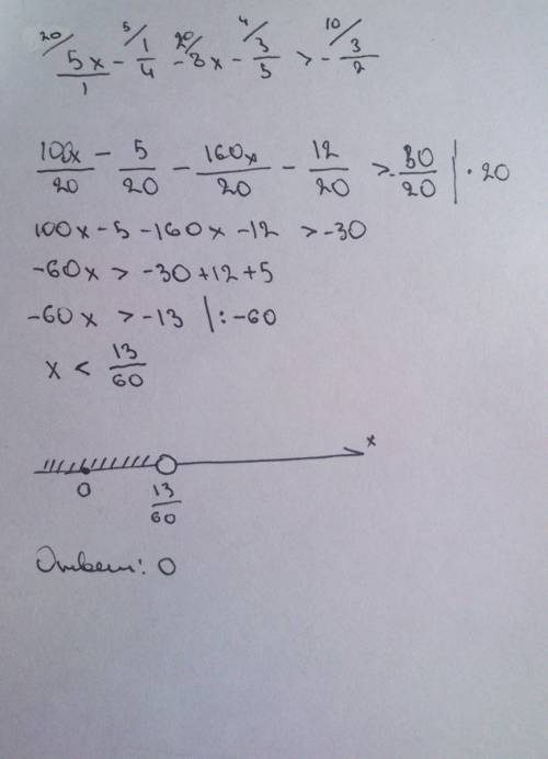 Найдите наибольшее целое х,удовлетворяющее неравенству 5x-1/4-8x-3/5> -3/2