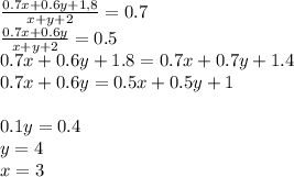 \frac{0.7x+0.6y+1,8}{x+y+2}=0.7\\&#10;\frac{0.7x+0.6y}{x+y+2}=0.5\\&#10;0.7x+0.6y+1.8=0.7x+0.7y+1.4\\&#10;0.7x+0.6y=0.5x+0.5y+1\\&#10;\\&#10;0.1y=0.4\\&#10;y=4\\&#10;x=3