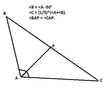 Утрикутнику кут а більший за кут в на 50 градусів. кут с становить 1/5 частину їх суми. знайти кути