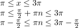 \pi \leq x \leq 3 \pi &#10;&#10; \pi \leq \frac{ \pi }{2} + \pi n \leq 3 \pi &#10;&#10; \pi - \frac{ \pi }{2} \leq \pi n \leq 3 \pi - \frac{ \pi }{2}