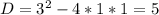 D=3^2-4*1*1=5