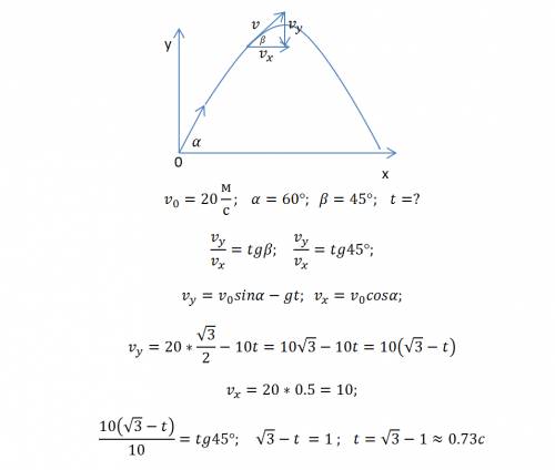 Камень брошен со скоростью 20 м/с^2 под углом 60 градусов к горизонту. через какое минимальное время