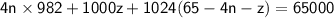 \sf 4n\times 982+1000z+1024(65-4n-z)=65000