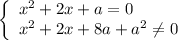 \left\{ \begin{array}{ll}x^{2}+2x+a=0\\x^{2}+2x+8a+a^{2}\neq 0\end{array}