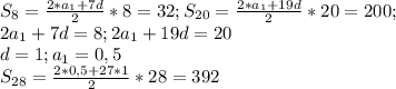 S_{8}=\frac{2*a_{1}+7d}{2}*8=32;S_{20}=\frac{2*a_{1}+19d}{2}*20=200;\\&#10;2a_{1}+7d=8;2a_{1}+19d=20\\&#10;d=1;a_{1}=0,5\\&#10;S_{28}=\frac{2*0,5+27*1}{2}*28=392