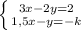 \left \{ {{3x-2y=2} \atop {1,5x-y=-k}} \right.