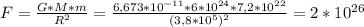 F=\frac{G*M*m}{R^{2}}=\frac{6,673*10^{-11}*6*10^{24}*7,2*10^{22}}{(3,8*10^{5})^{2}}=2*10^{26}