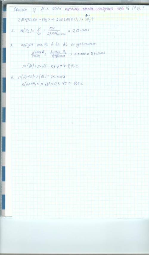 Сколько граммов алюминия и гидроксида натрия нужно, чтобы получить 10 л водорода (н.у.)