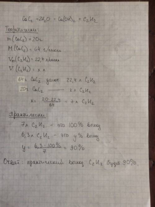 Дано: m(cac2)=20г решение: v(c2h2)=6,3л cac2+h2o-> ca(oh)2+c2h2 найти w(практический решить