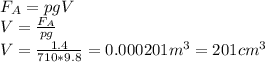 F_A=pgV \\ V= \frac{F_A}{pg} \\ V = \frac{1.4}{710*9.8} =0.000201m^3 =201cm^3